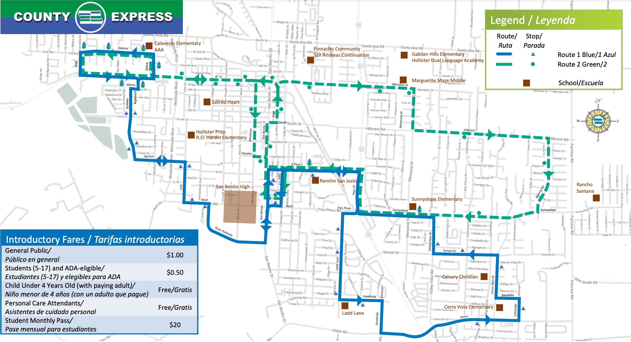 Map showing San Benito County Express Tripper routes Green and Blue