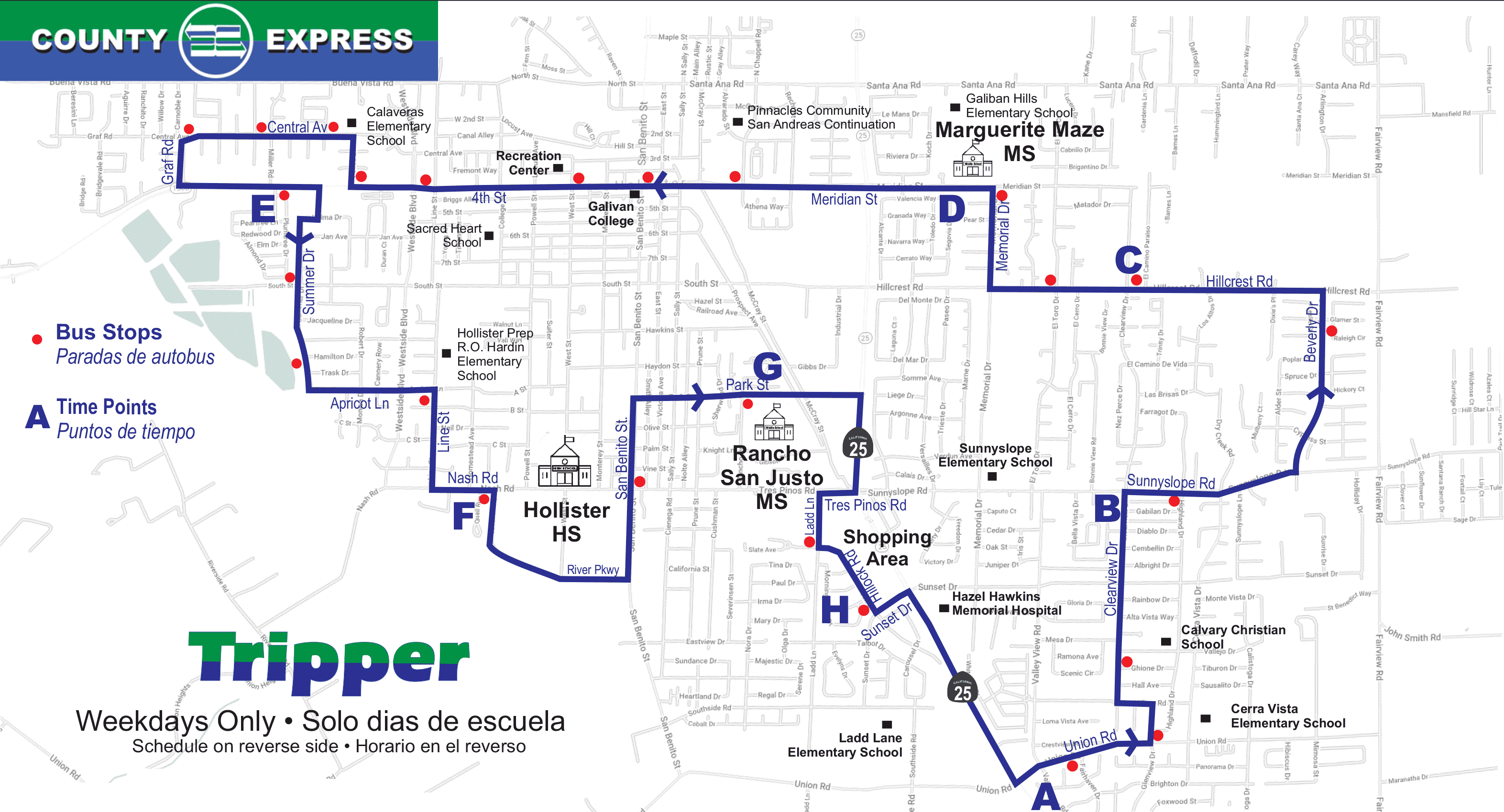Map showing San Benito County Express Tripper routes 