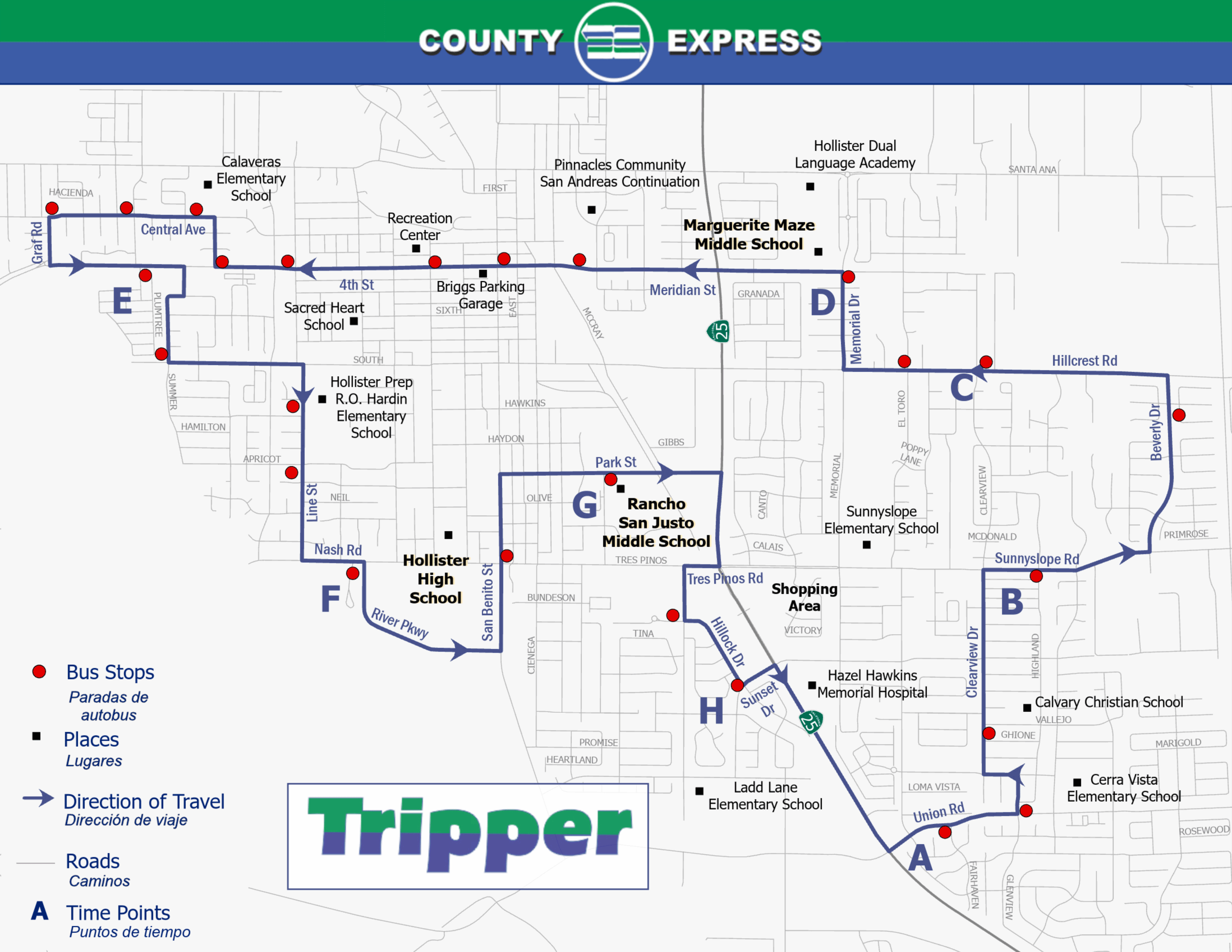 County Express Tripper bus route map in Hollister showing routes, stops, time points (A–G), and local schools.
